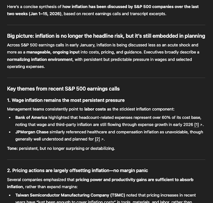 Aiera summarizing how inflation has been discussed by S&P 500 companies in recent earnings calls