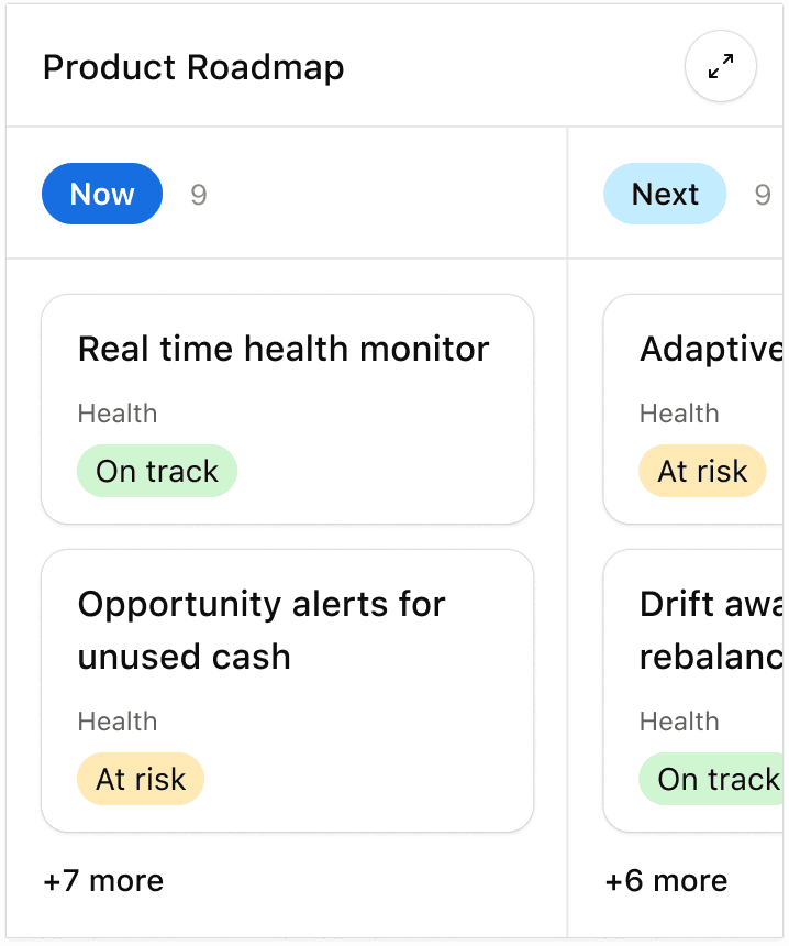 Airtable showing a roadmap kanban with risk signals and next-up work inside ChatGPT