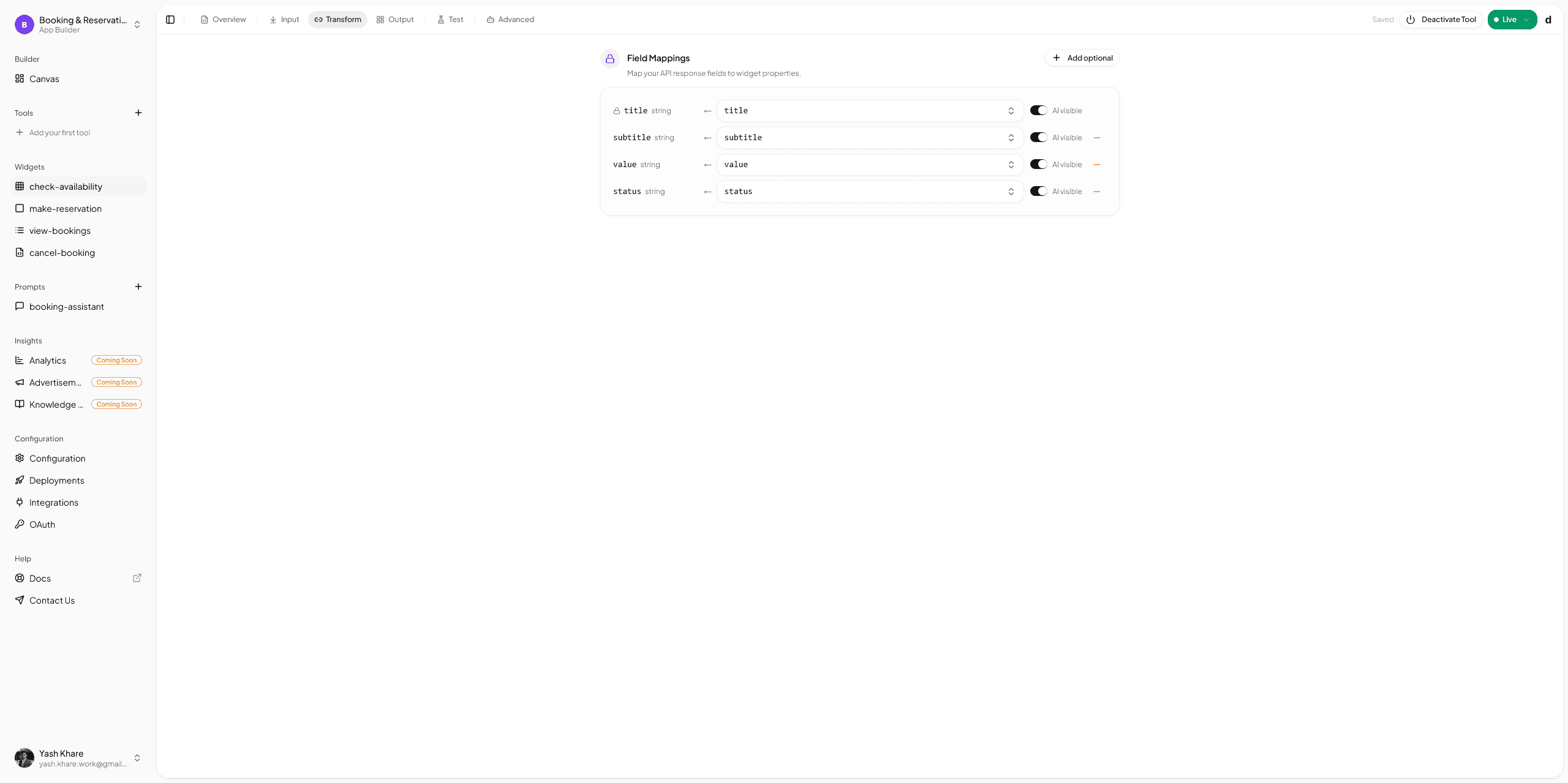 drio canvas showing API response node connected to a data table widget with field mapping panel open