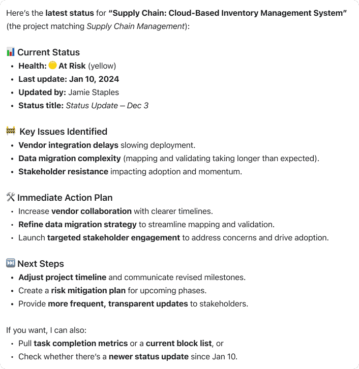 Asana returning a structured project status update with health, issues, and next steps