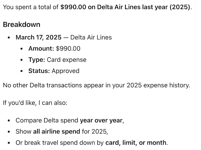 Brex summarizing annual Delta Air Lines spend with a clean breakdown and follow-up options