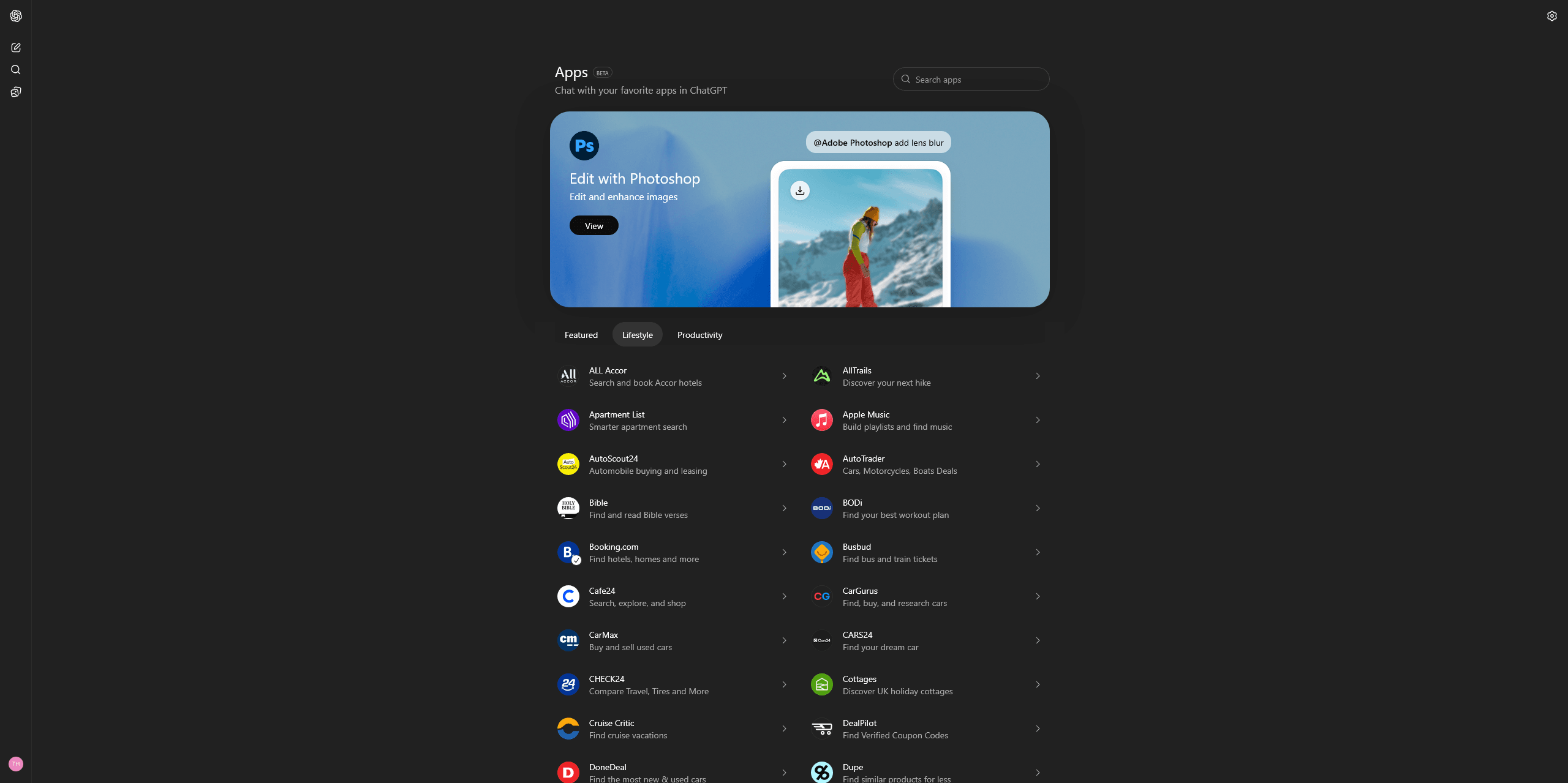 ChatGPT app directory showing featured apps from Booking.com, Canva, Figma, and others