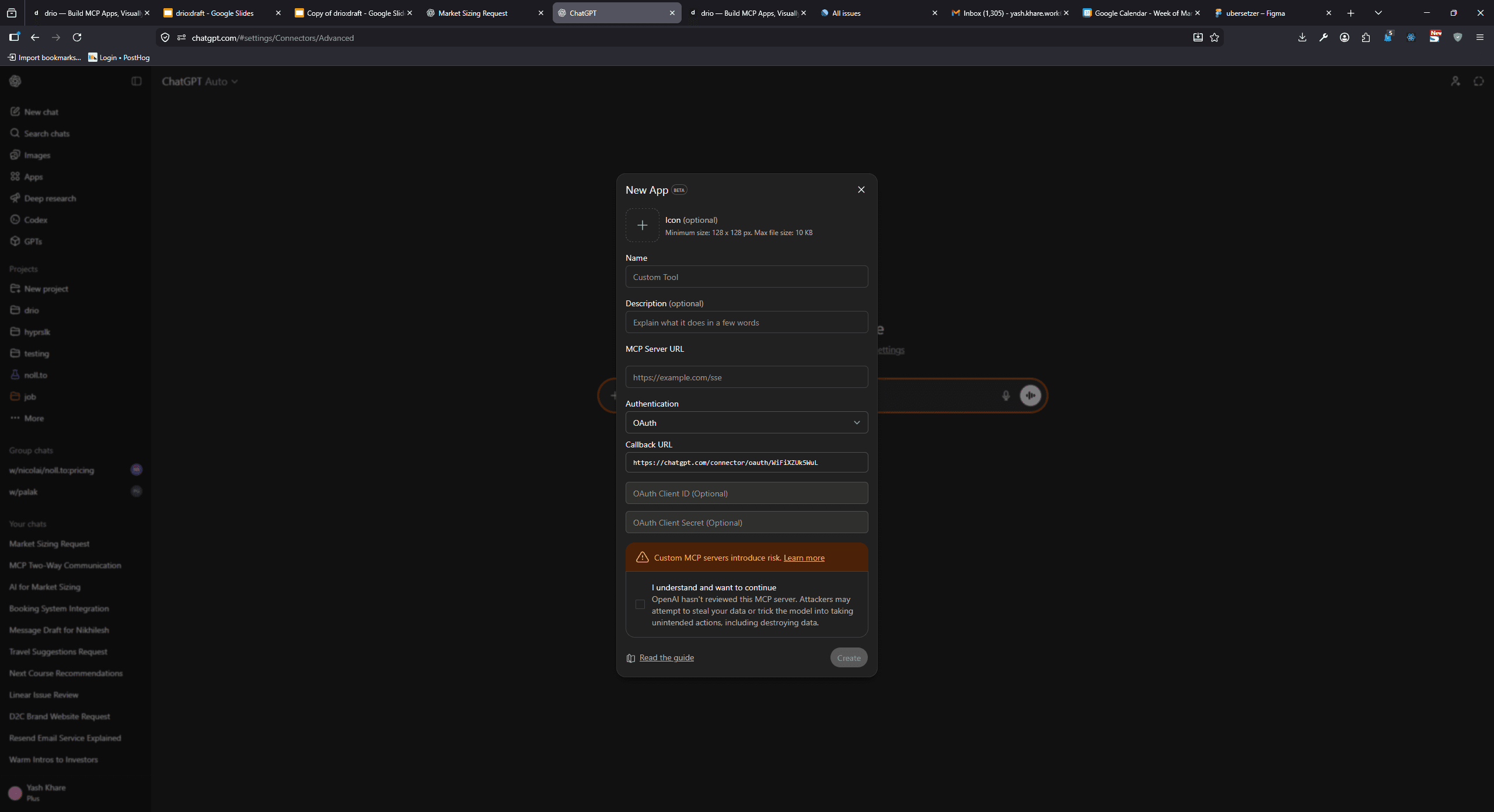 ChatGPT settings showing MCP configuration with URL input field