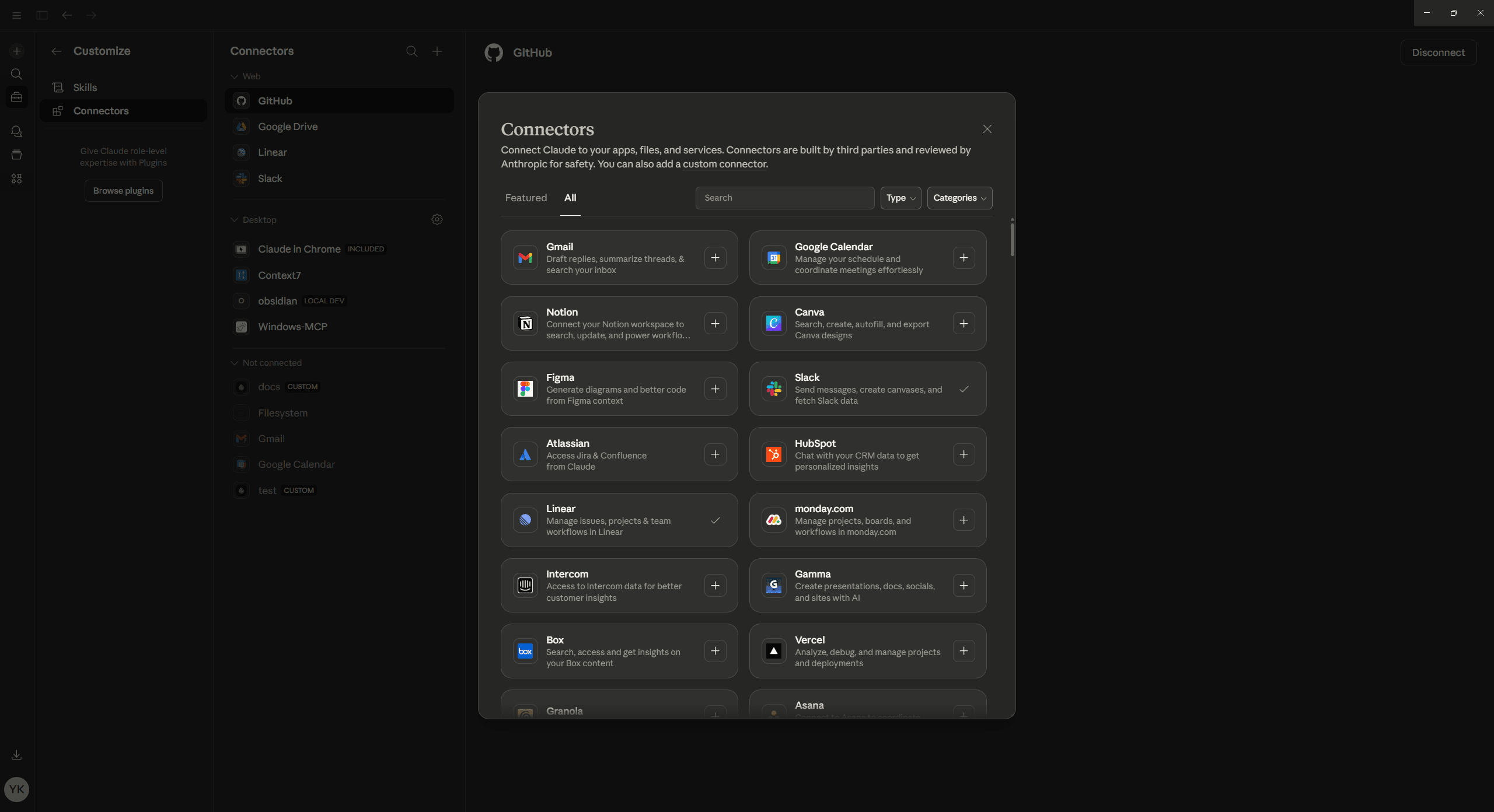 Claude.ai integrations page showing connected services like GitHub, Slack, Google Drive, and Notion
