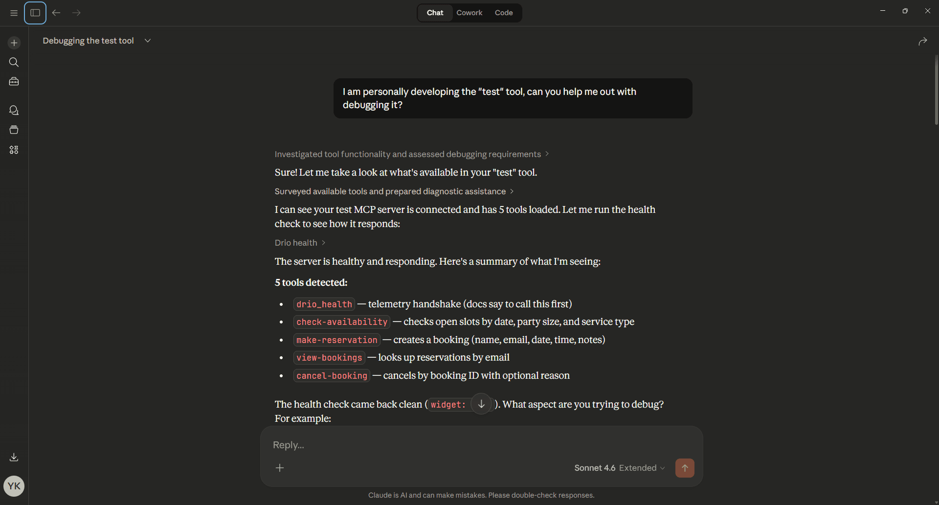 Claude Desktop showing the tools icon with a list of discovered MCP tools