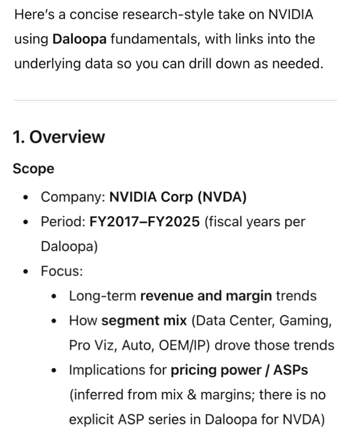 Daloopa generating an overview for NVIDIA using source-linked financial KPI context