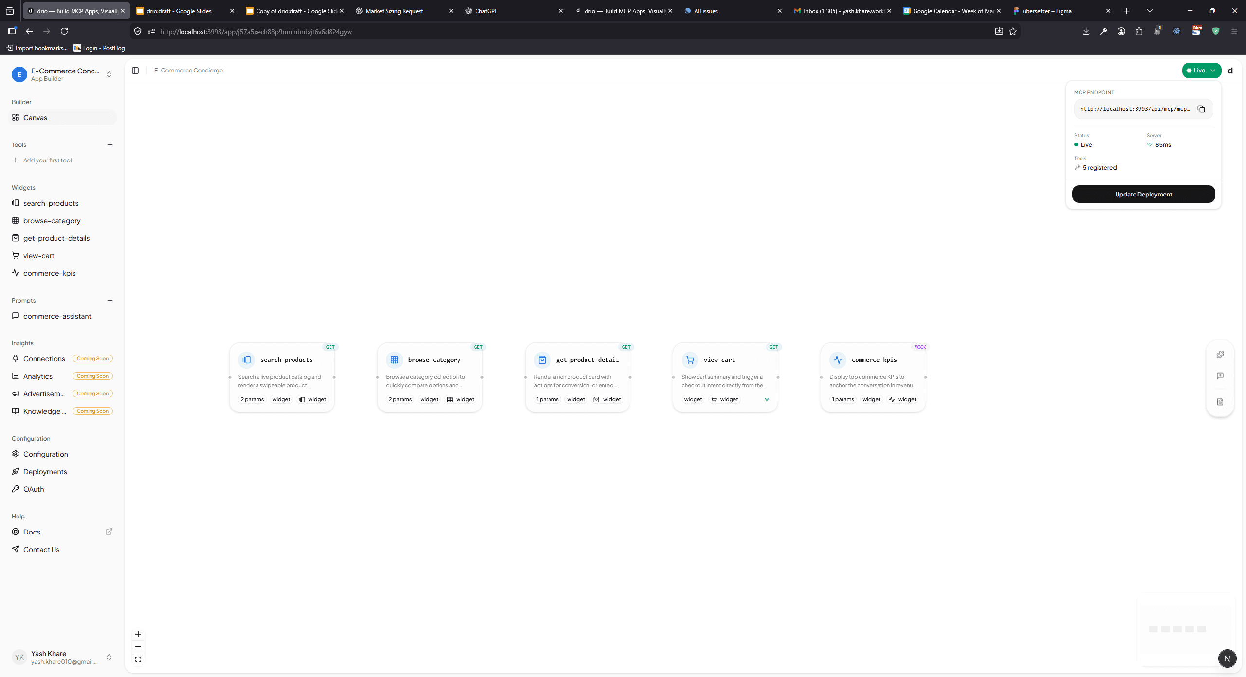 drio builder canvas showing a complete tool flow with API node, widget nodes, and deploy button