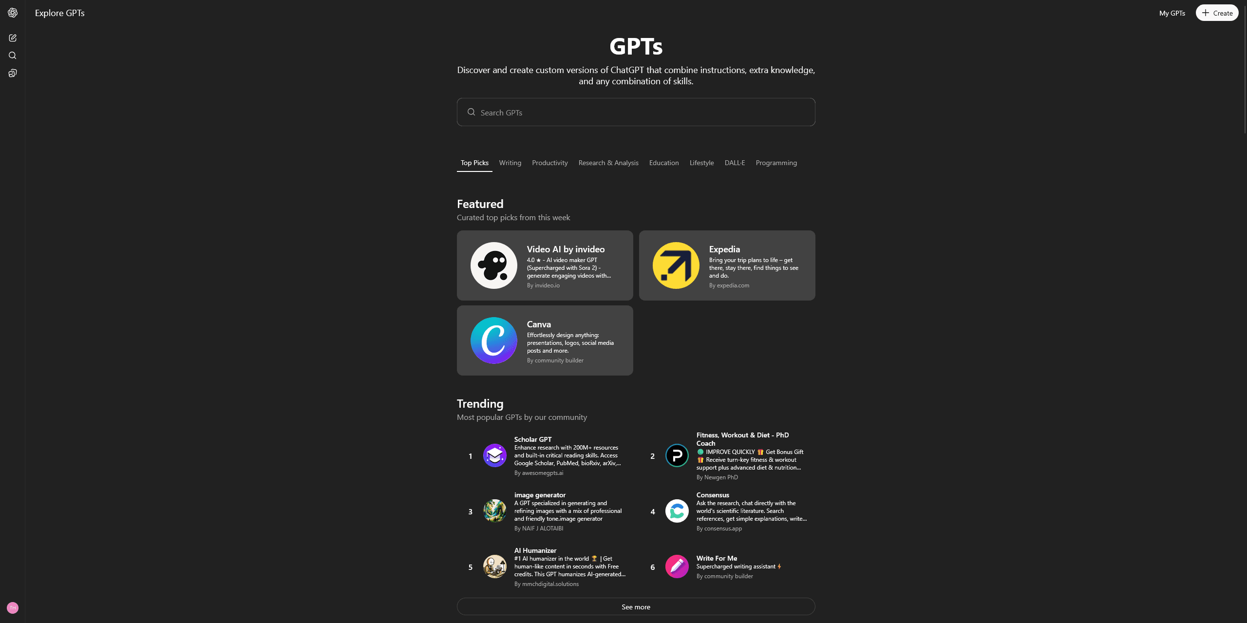 The GPT Store interface showing categories and featured Custom GPTs