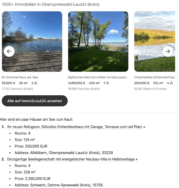 ImmoScout24 responding to a natural-language prompt for a lakeside home search