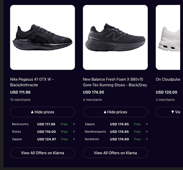 Klarna Shopping Search results showing merchant-level running shoe offers inside ChatGPT