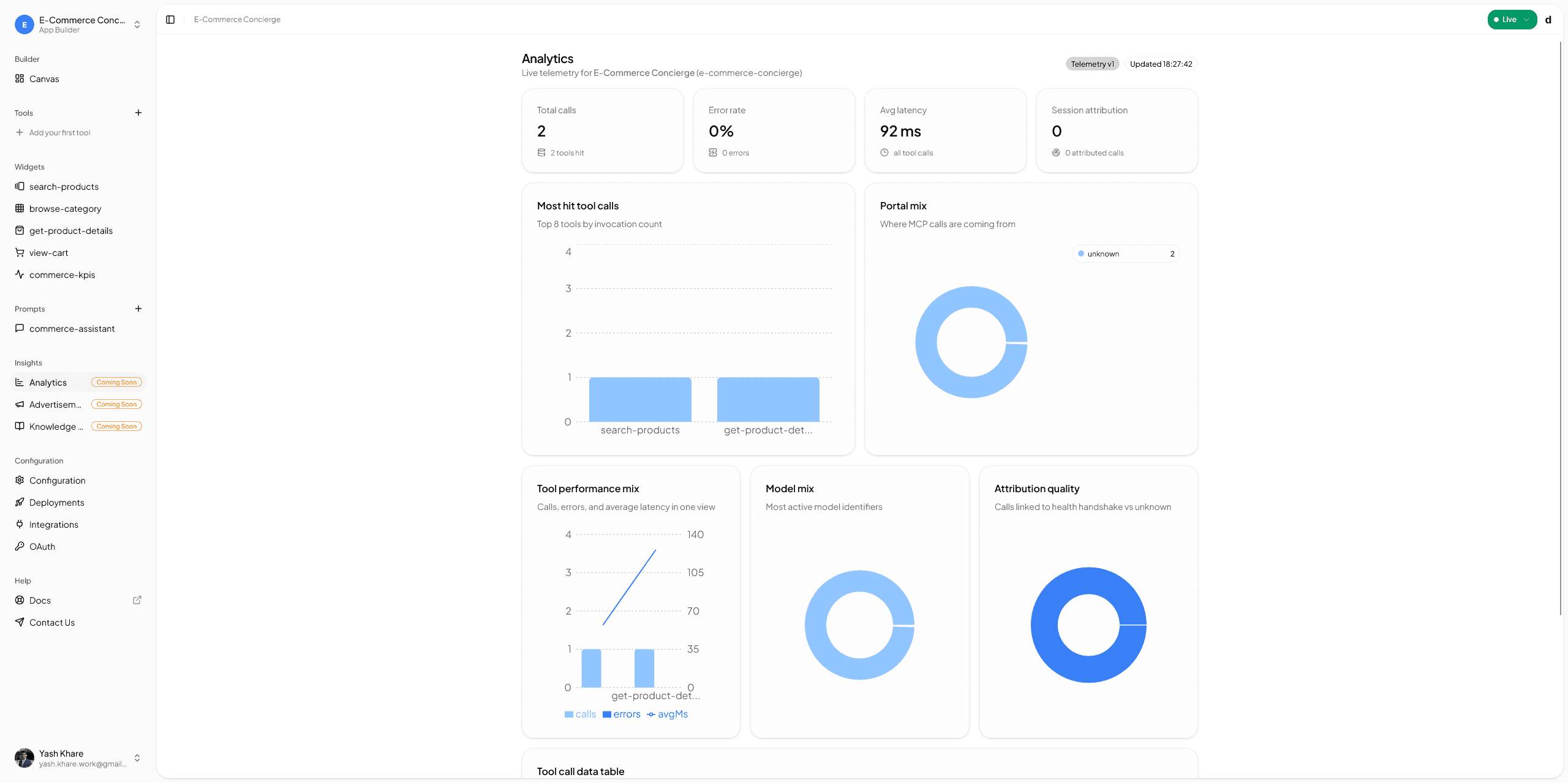 MCP Inspector showing a tool test with request and response panels