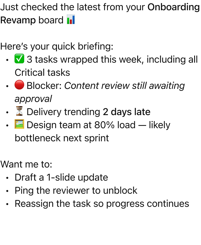 monday.com summarizing the onboarding revamp with blockers, delivery signals, and suggested next actions