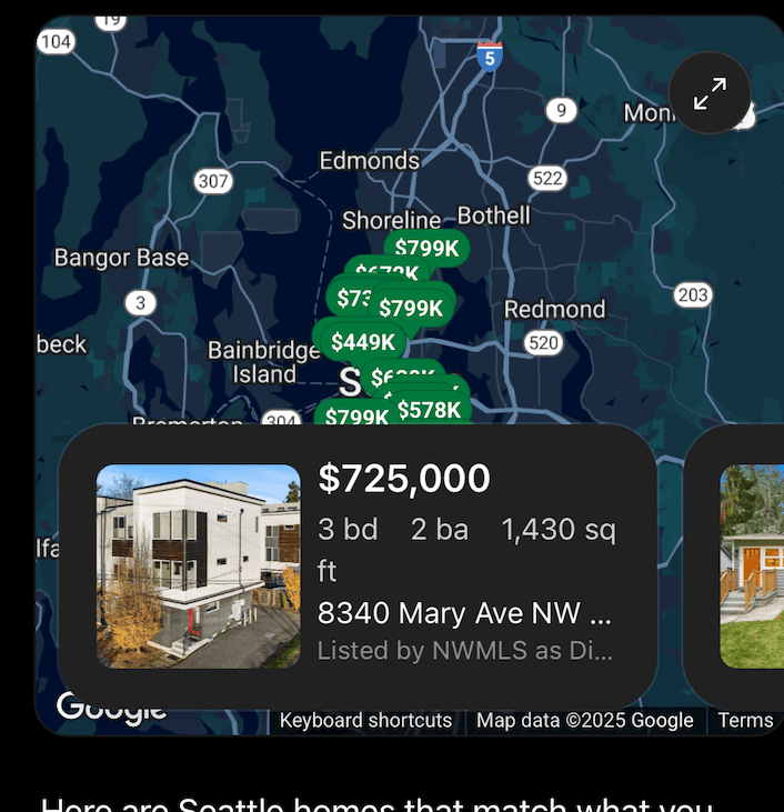 Redfin showing a map-led shortlist for a natural-language Seattle home search